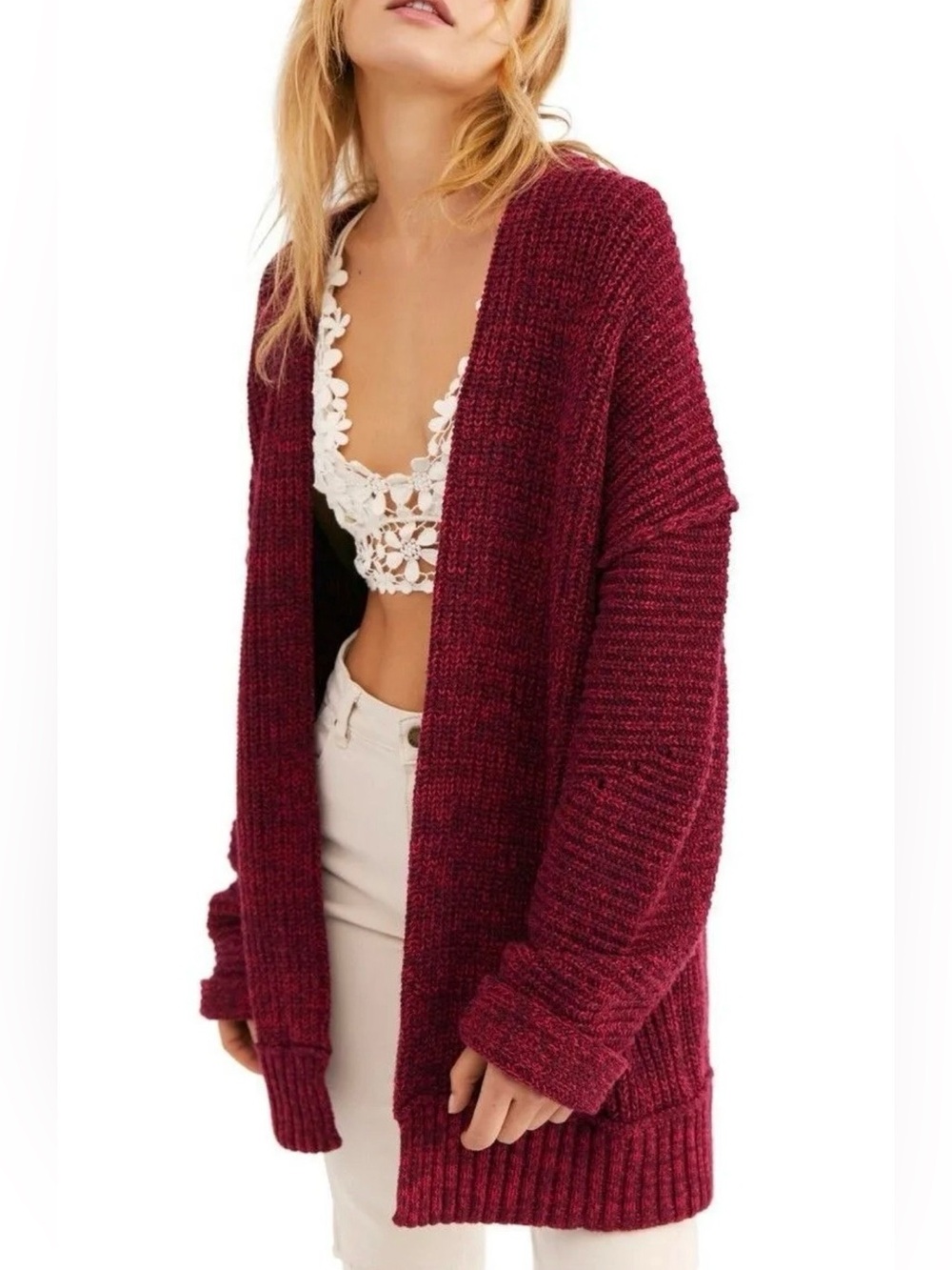 Free People Open-Front Chunky Cardigan in Burgundy